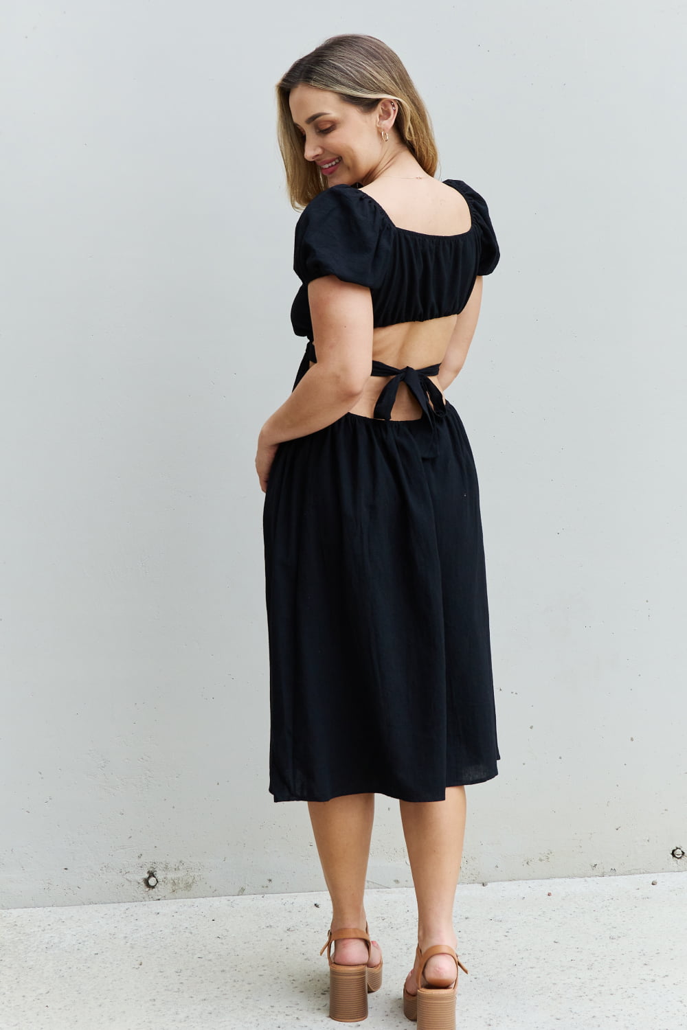 HYFVE Keep It Cute Puff Sleeve Cutout Midi Dress