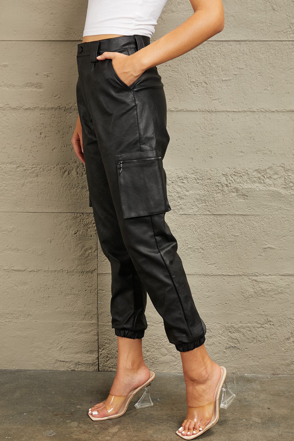 Kancan High Rise Faux Leather Cargo Joggers