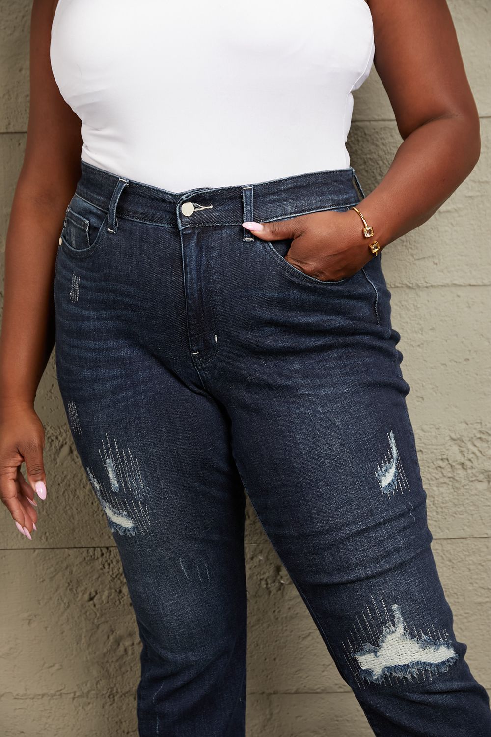 Judy Blue Mid Rise Distressed Cuffed Boyfriend Jeans