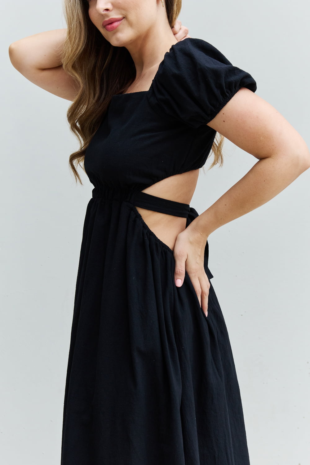 HYFVE Keep It Cute Puff Sleeve Cutout Midi Dress