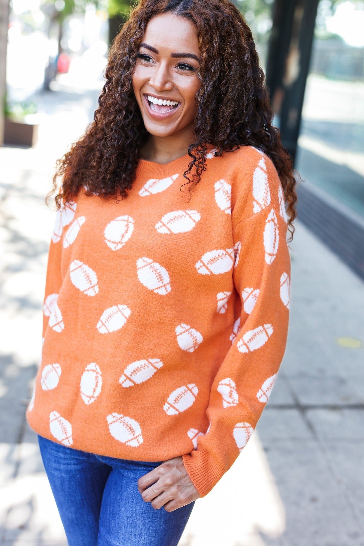 Game Day Orange Football Print Jacquard Knit Sweater