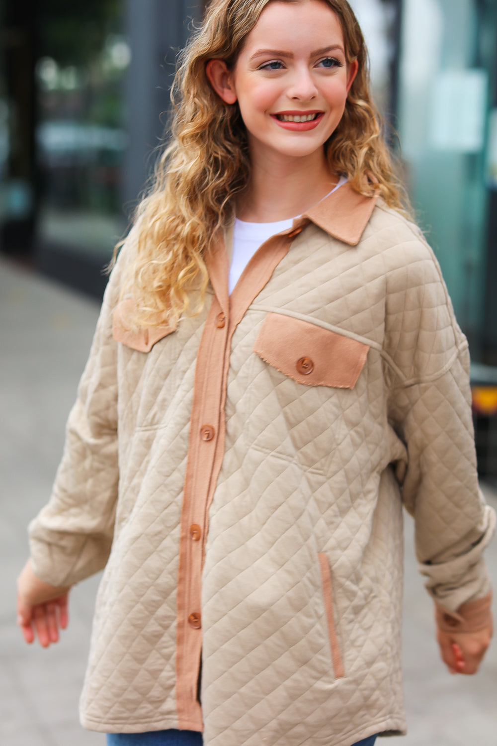 Eyes On You Taupe Quilted Knit Button Down Shacket