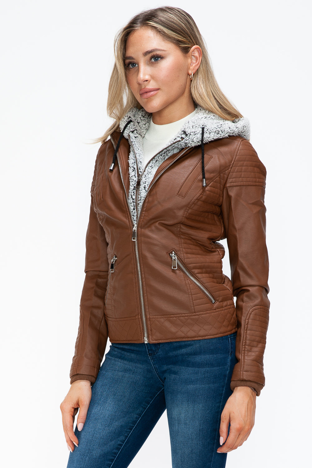 YMI Faux Layered Double-Zipper Jacket in Rust