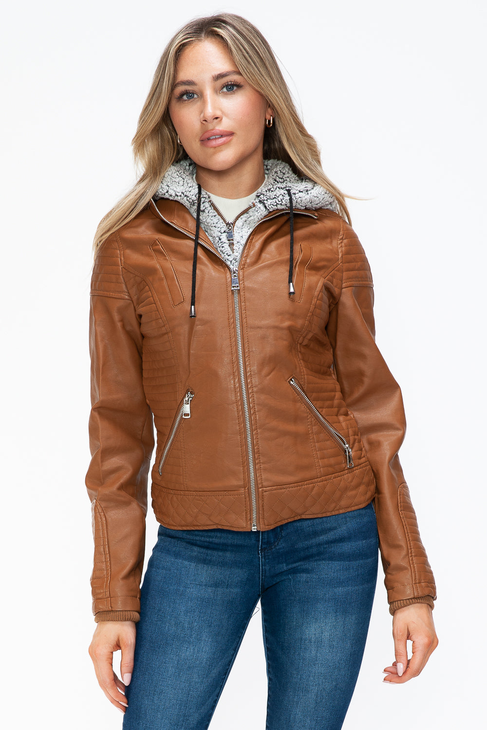 YMI Faux Layered Double-Zipper Jacket in Camel