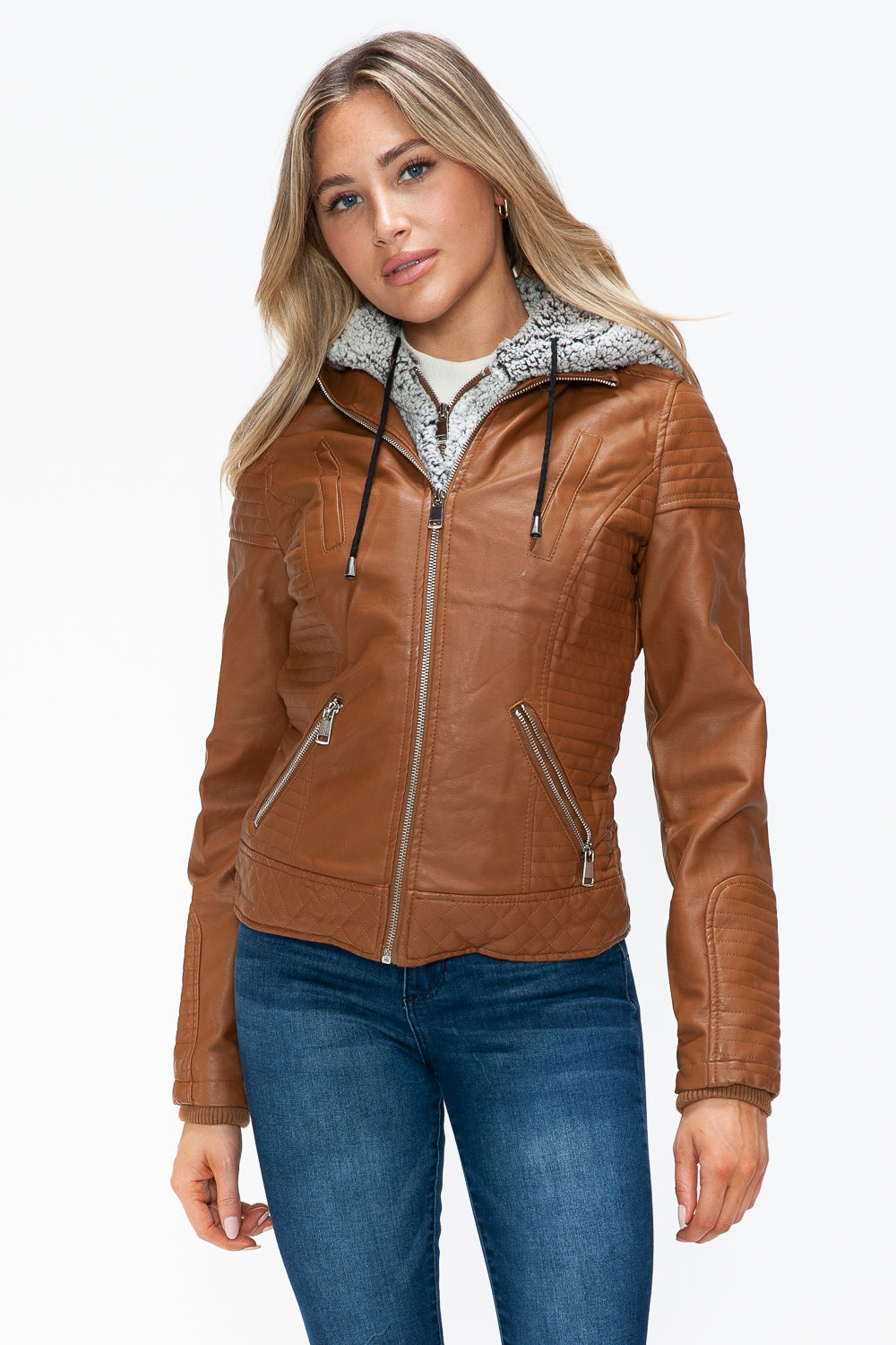 YMI Faux Layered Double-Zipper Jacket in Camel