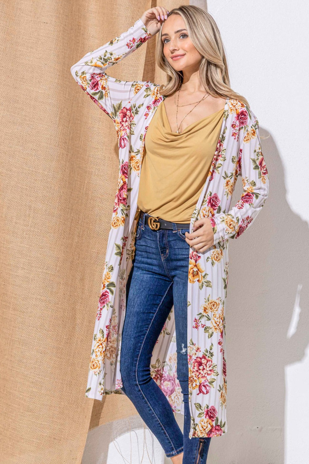 And The Why Floral Kimono Longline Cardigan