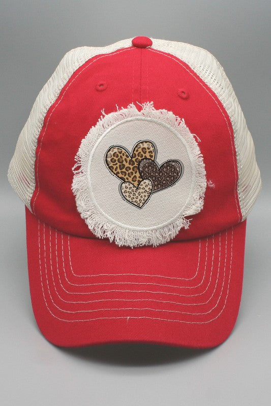 Three Brown Leopard Heart Patch Trucker  Hat