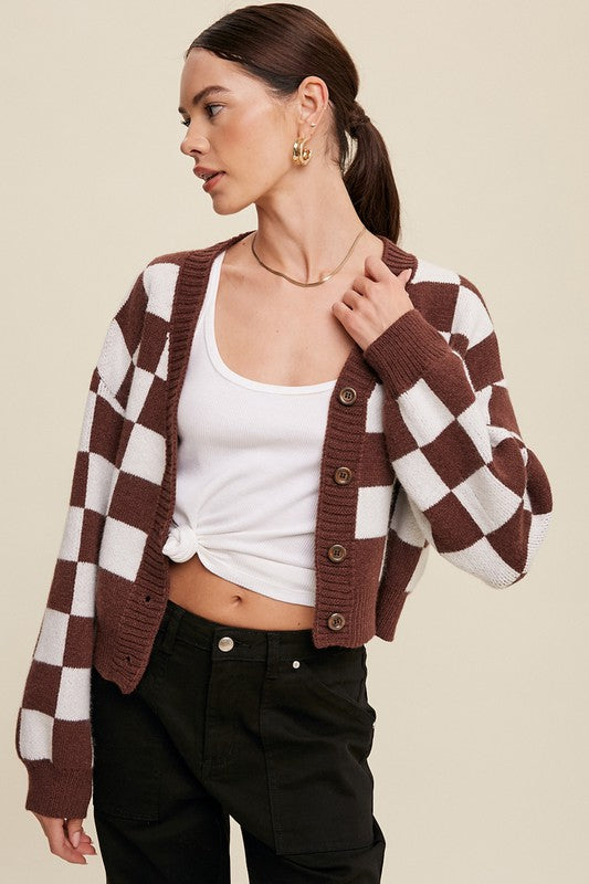 Listicle Bold Gingham Sweater Weaved Crop Cardigan