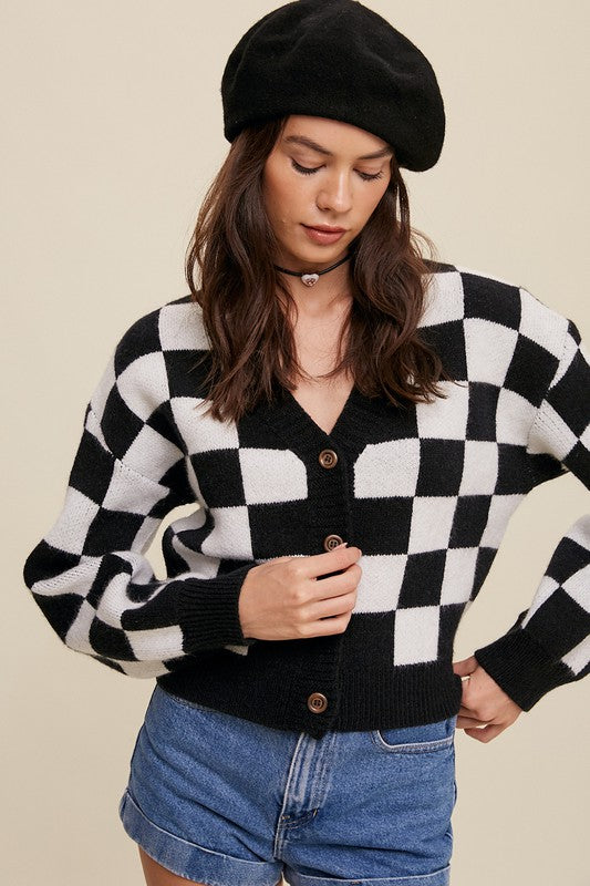 Listicle Bold Gingham Sweater Weaved Crop Cardigan