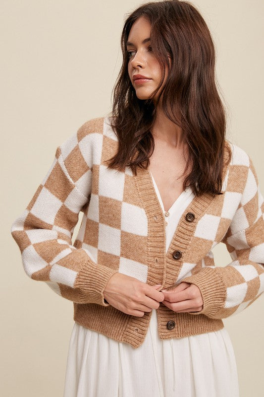 Listicle Bold Gingham Sweater Weaved Crop Cardigan