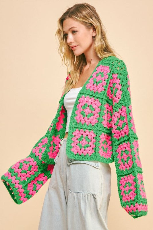 Davi & Dani Two Tone Flower Square Crochet Cardigan