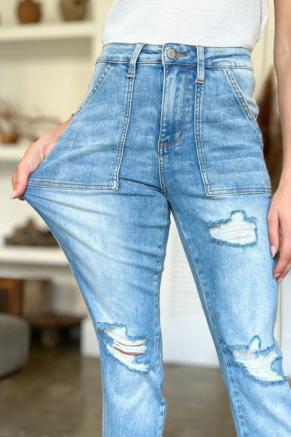 Lola Judy Blue Distressed Straight Jeans with Patch Pockets