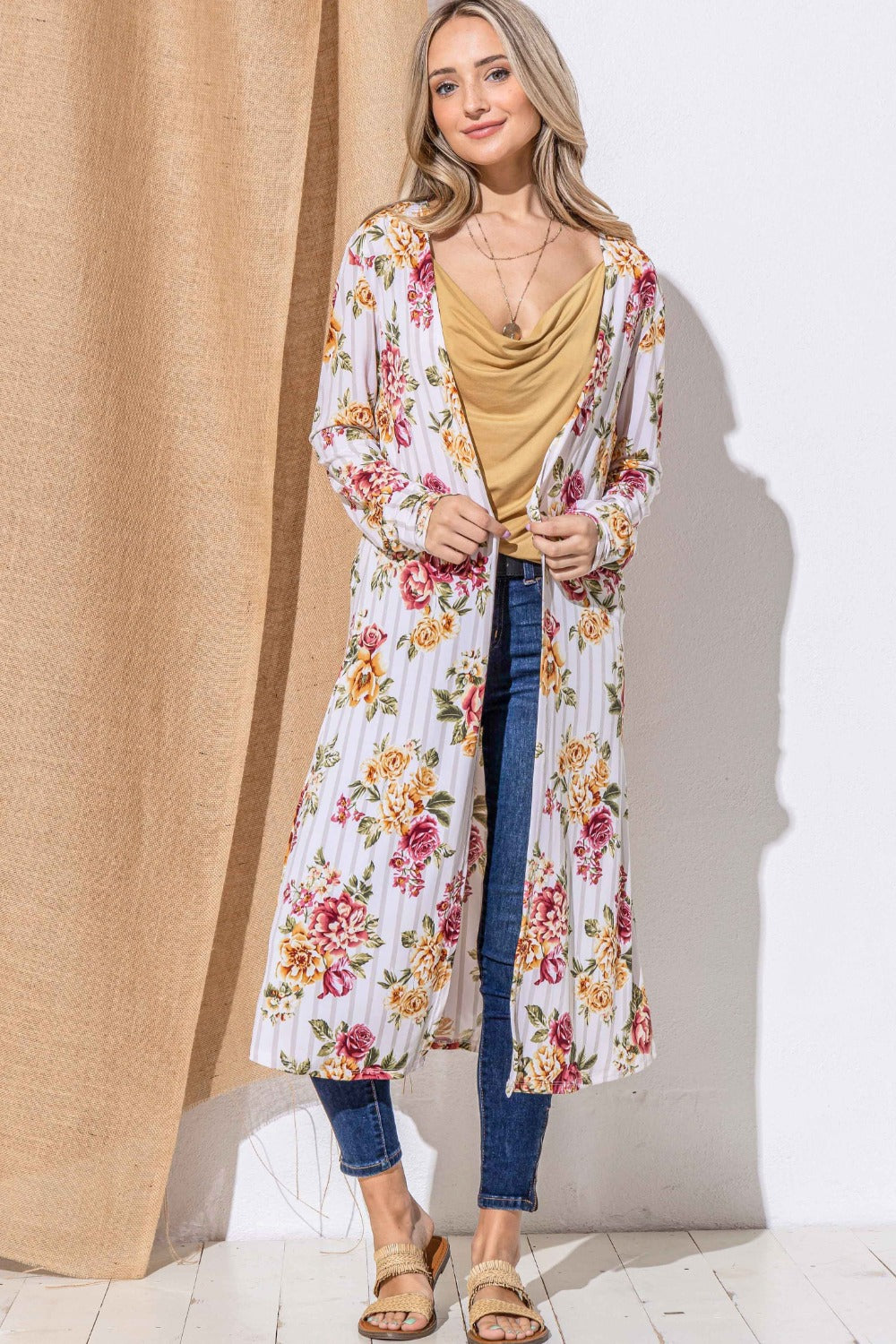 And The Why Floral Kimono Longline Cardigan