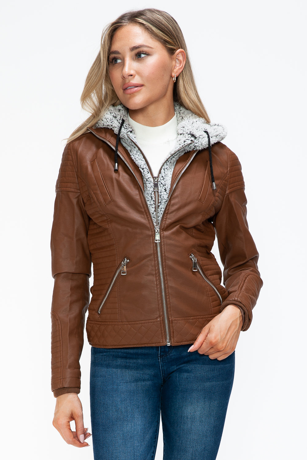 YMI Faux Layered Double-Zipper Jacket in Rust