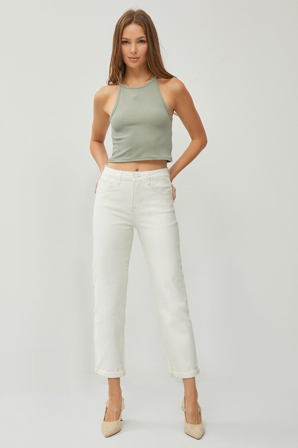 RISEN High Waist Rolled Hem Straight Jeans in Cream