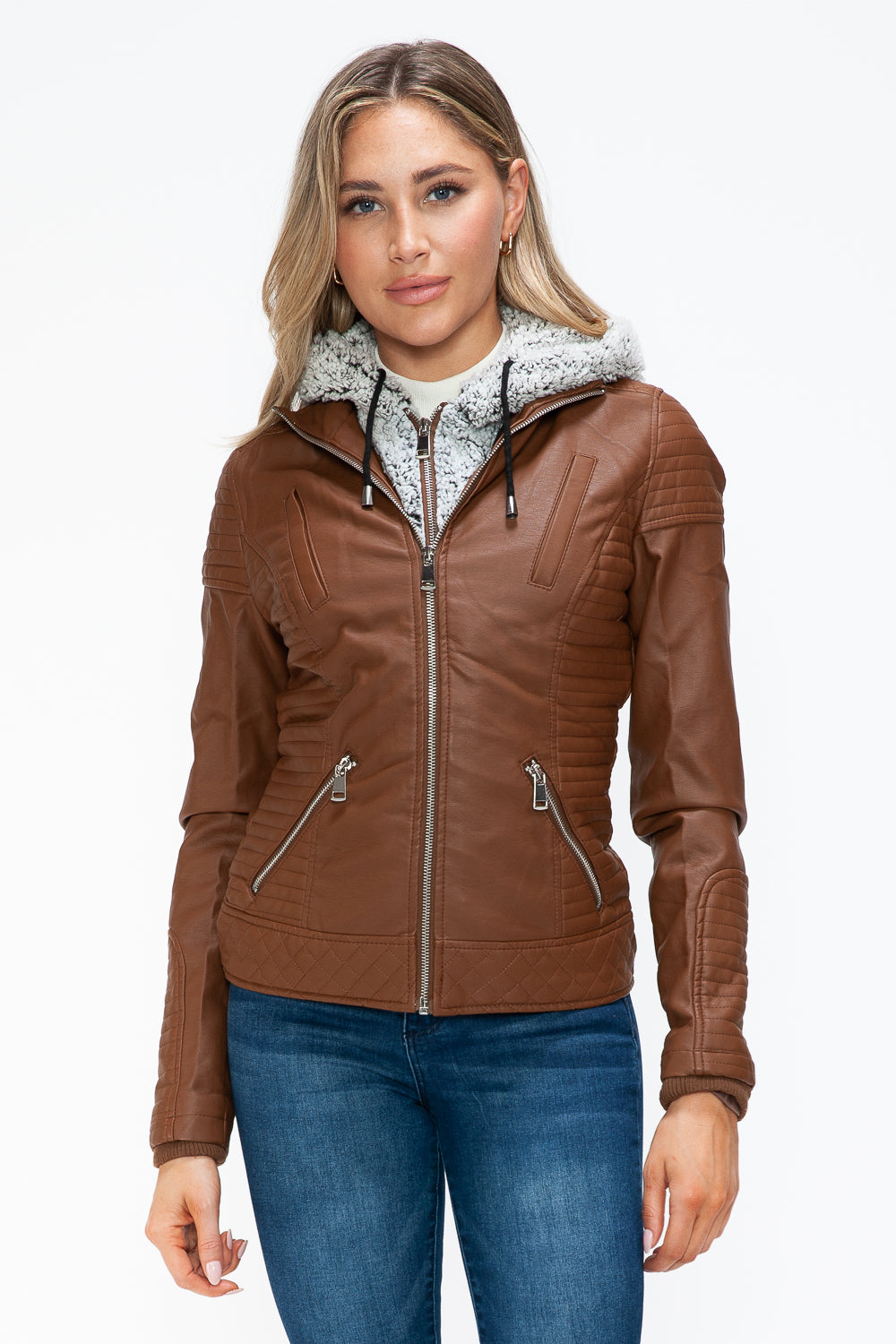 YMI Faux Layered Double-Zipper Jacket in Rust