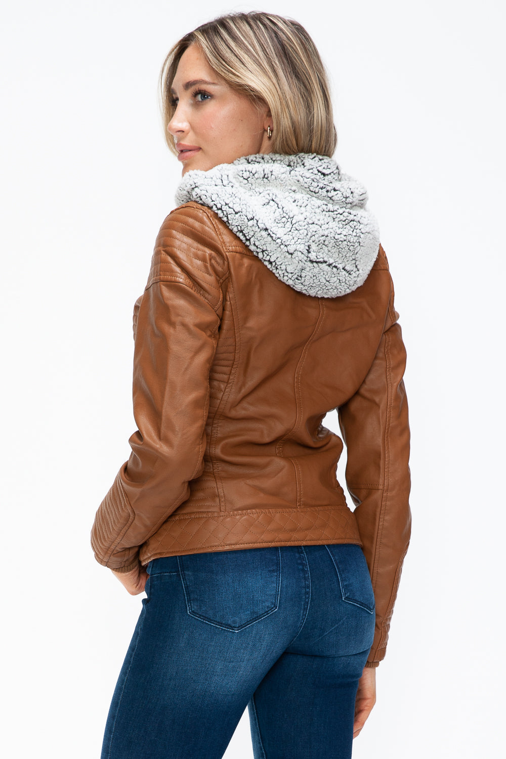 YMI Faux Layered Double-Zipper Jacket in Camel