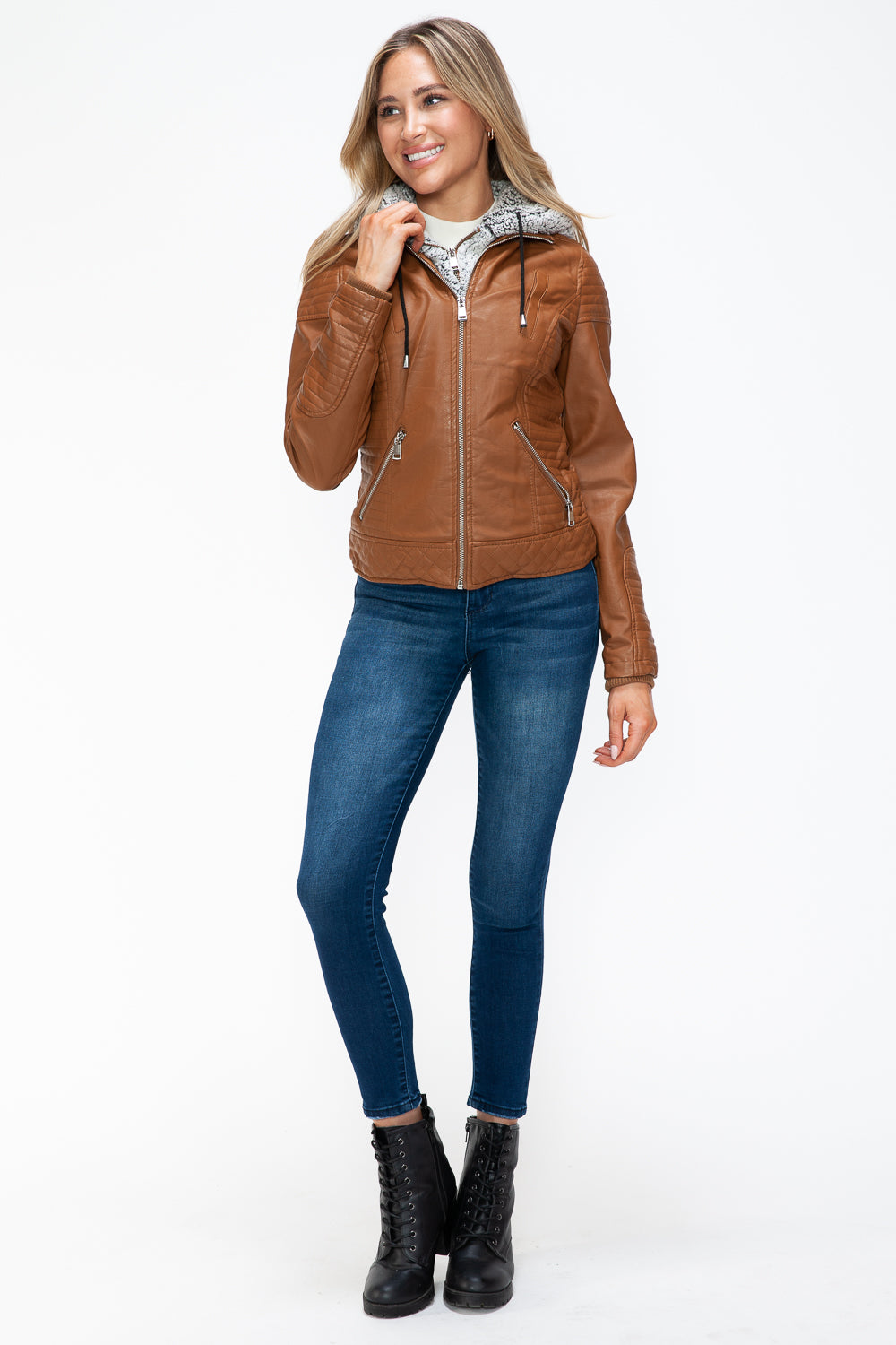 YMI Faux Layered Double-Zipper Jacket in Camel