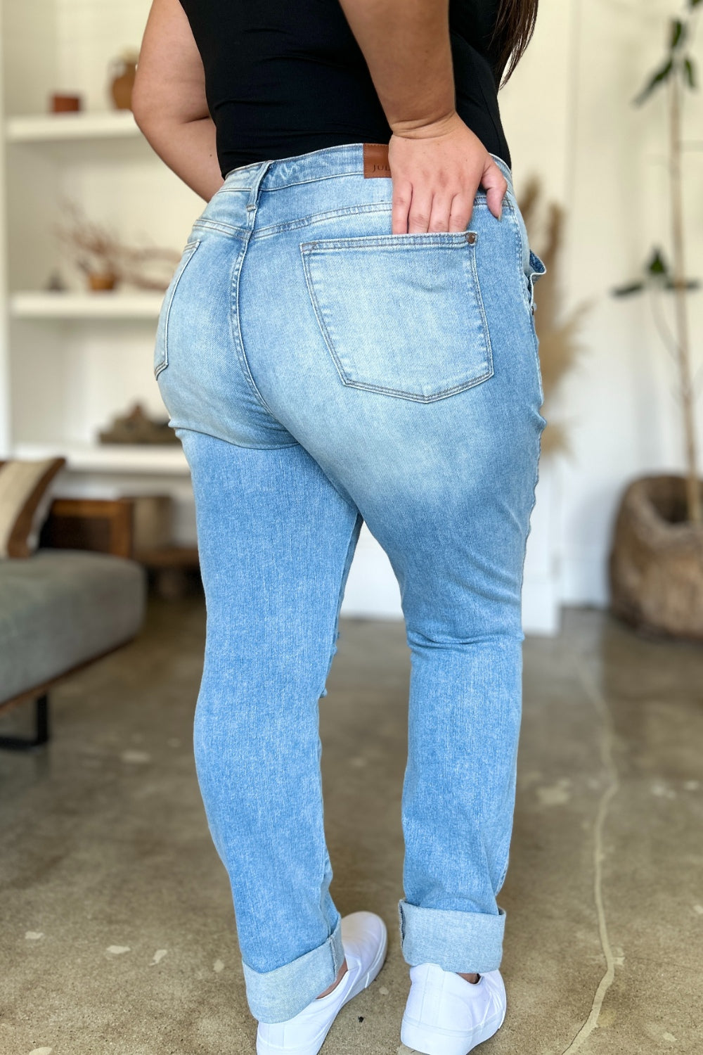 Lola Judy Blue Distressed Straight Jeans with Patch Pockets