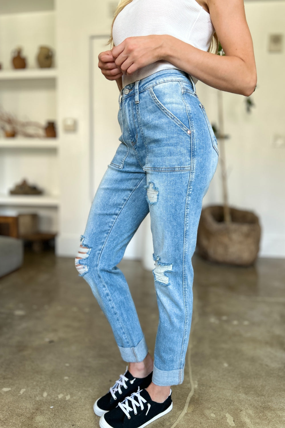 Lola Judy Blue Distressed Straight Jeans with Patch Pockets