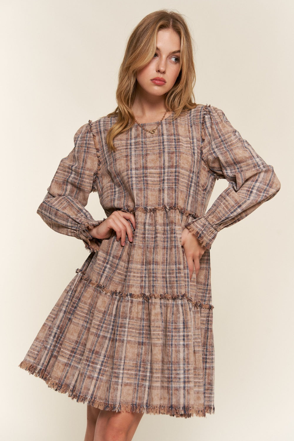 And The Why Washed Frayed Plaid Dress