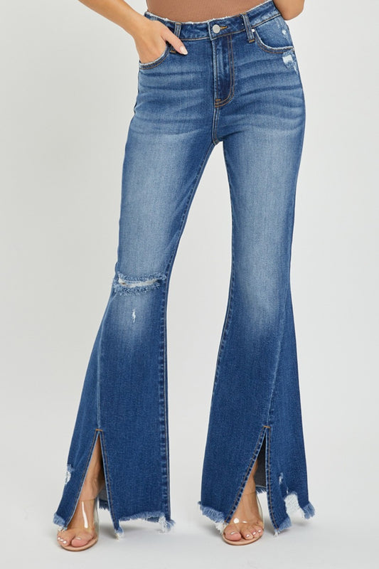 RISEN Front Slit Frayed Hem Flare Jeans