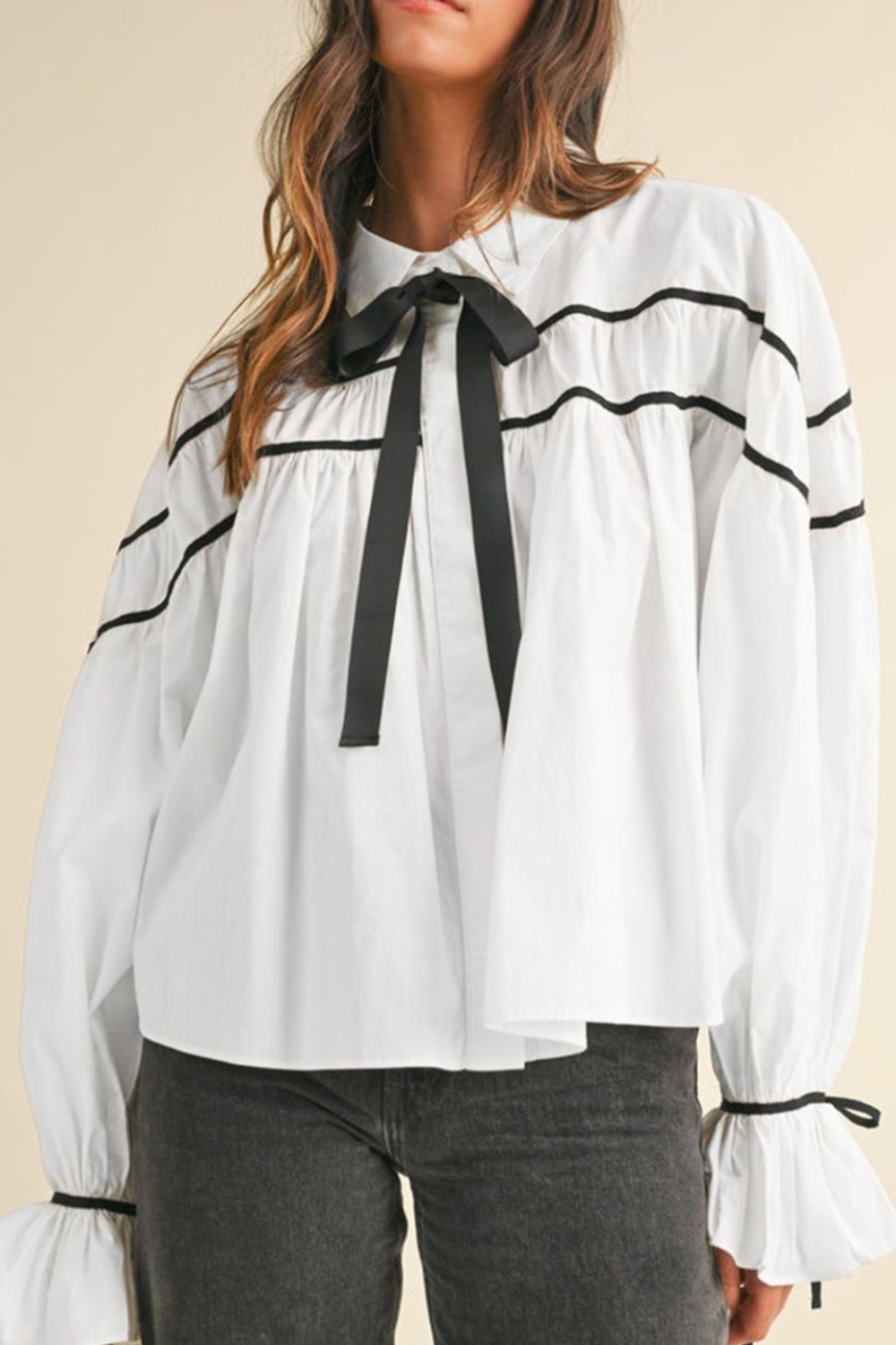 Got Ribbon Bowtie Flounce Sleeve Blouse