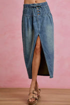 She’s SO ME Pleated Washed Denim Skirt With Front Slit