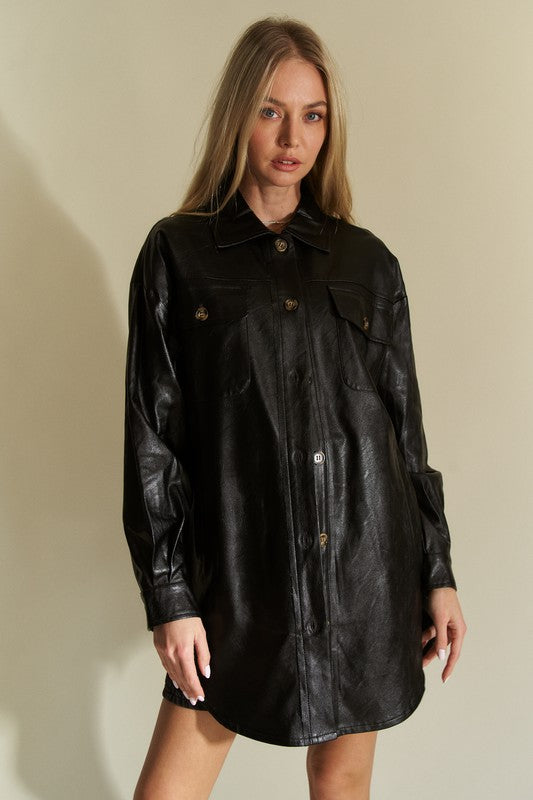 A Mood Davi & Dani Faux Leather Button Up Jacket