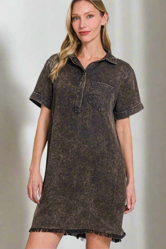 Zenana Mineral Washed Collared Shirt Dress