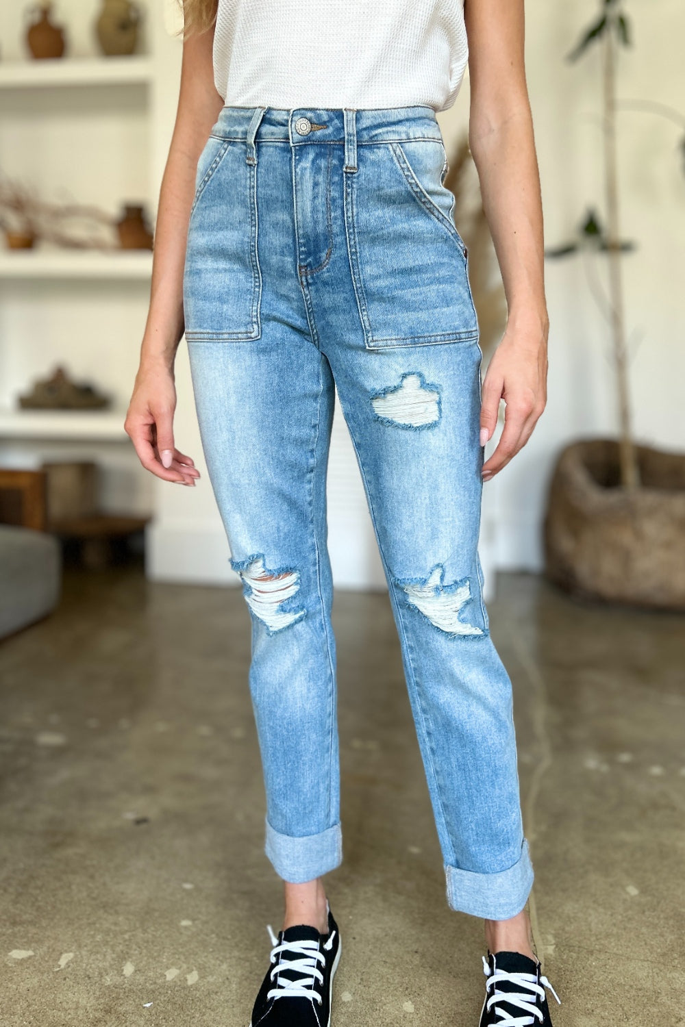 Lola Judy Blue Distressed Straight Jeans with Patch Pockets