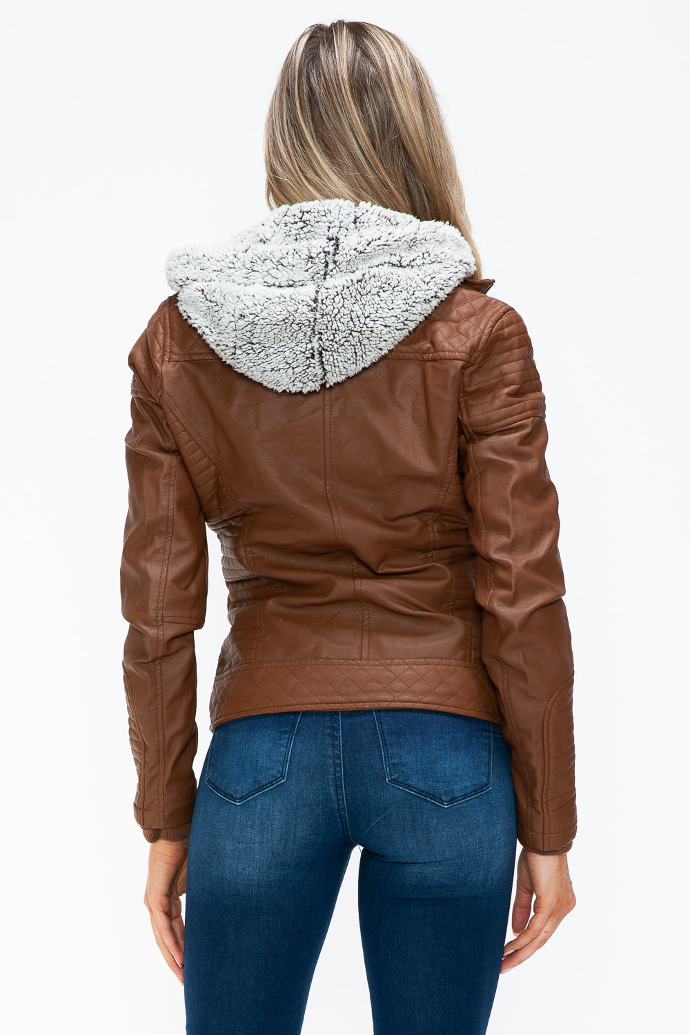 YMI Faux Layered Double-Zipper Jacket in Rust