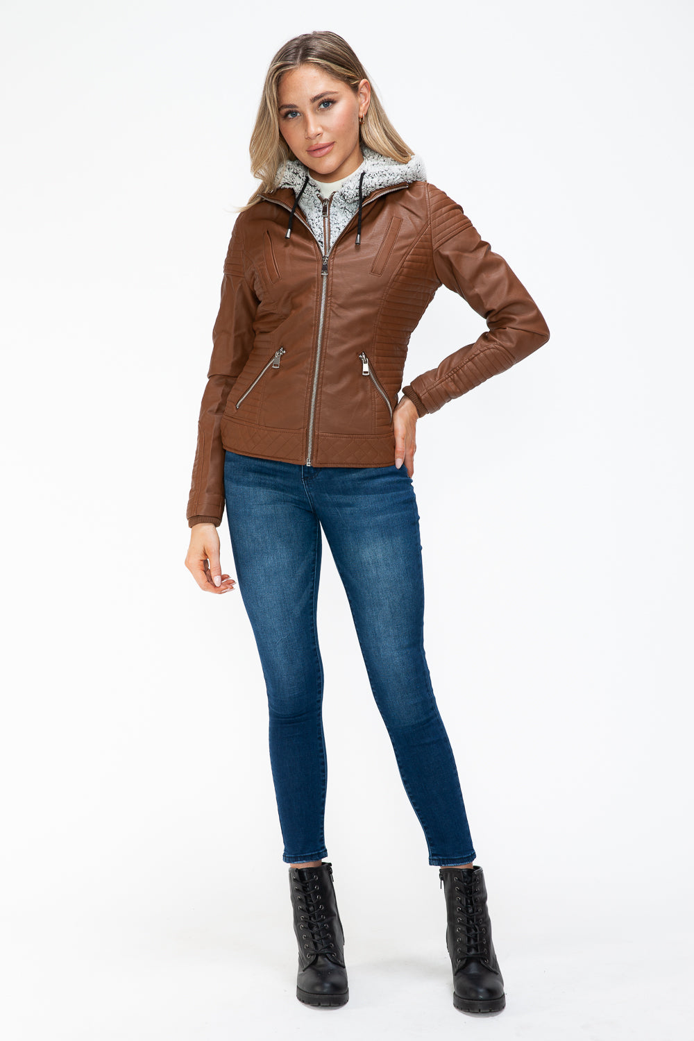 YMI Faux Layered Double-Zipper Jacket in Rust