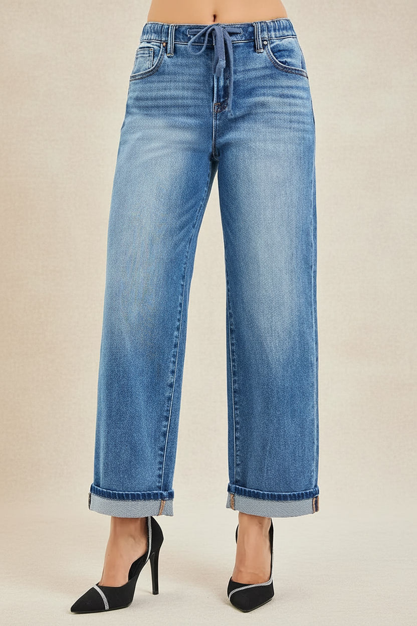 Risen Elastic Band Cuffed Boyfriend Jeans