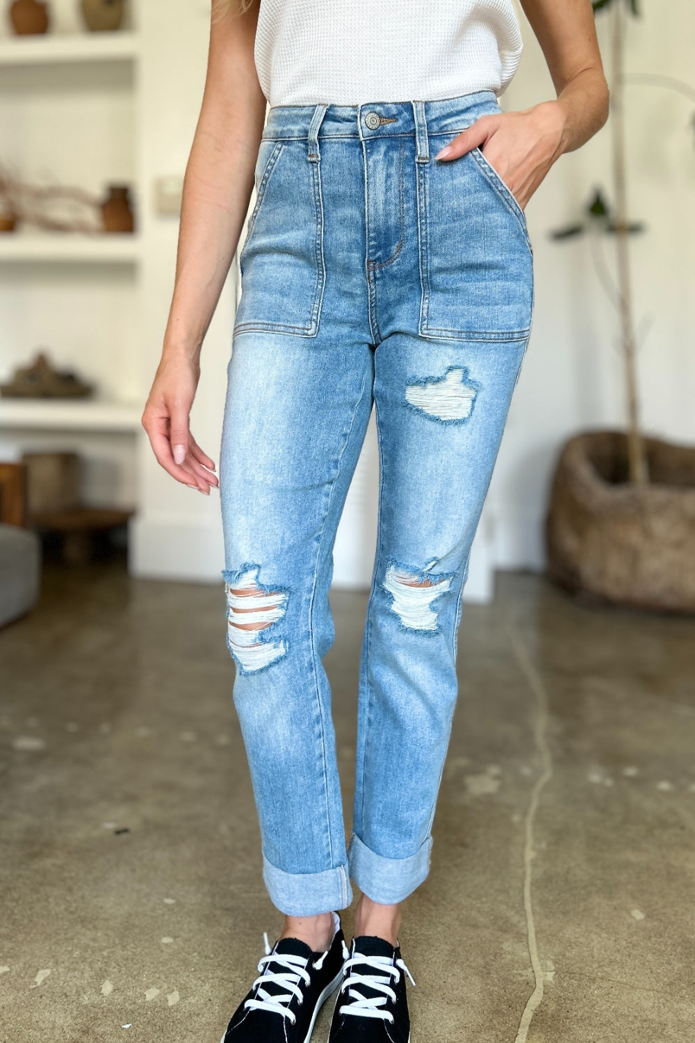 Lola Judy Blue Distressed Straight Jeans with Patch Pockets