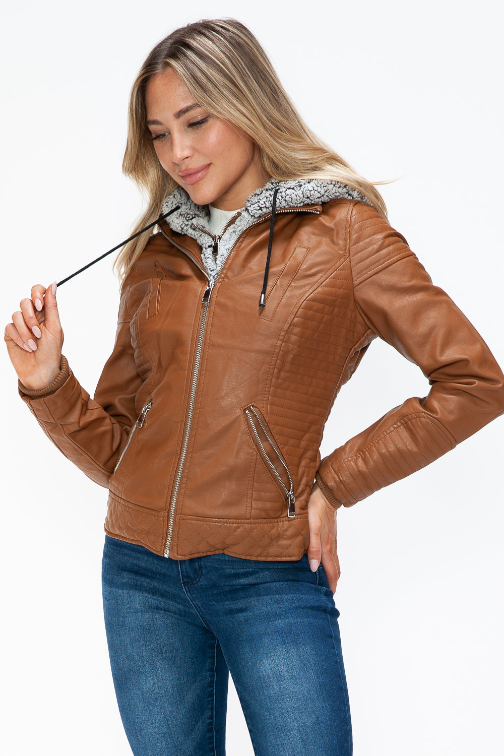 YMI Faux Layered Double-Zipper Jacket in Camel