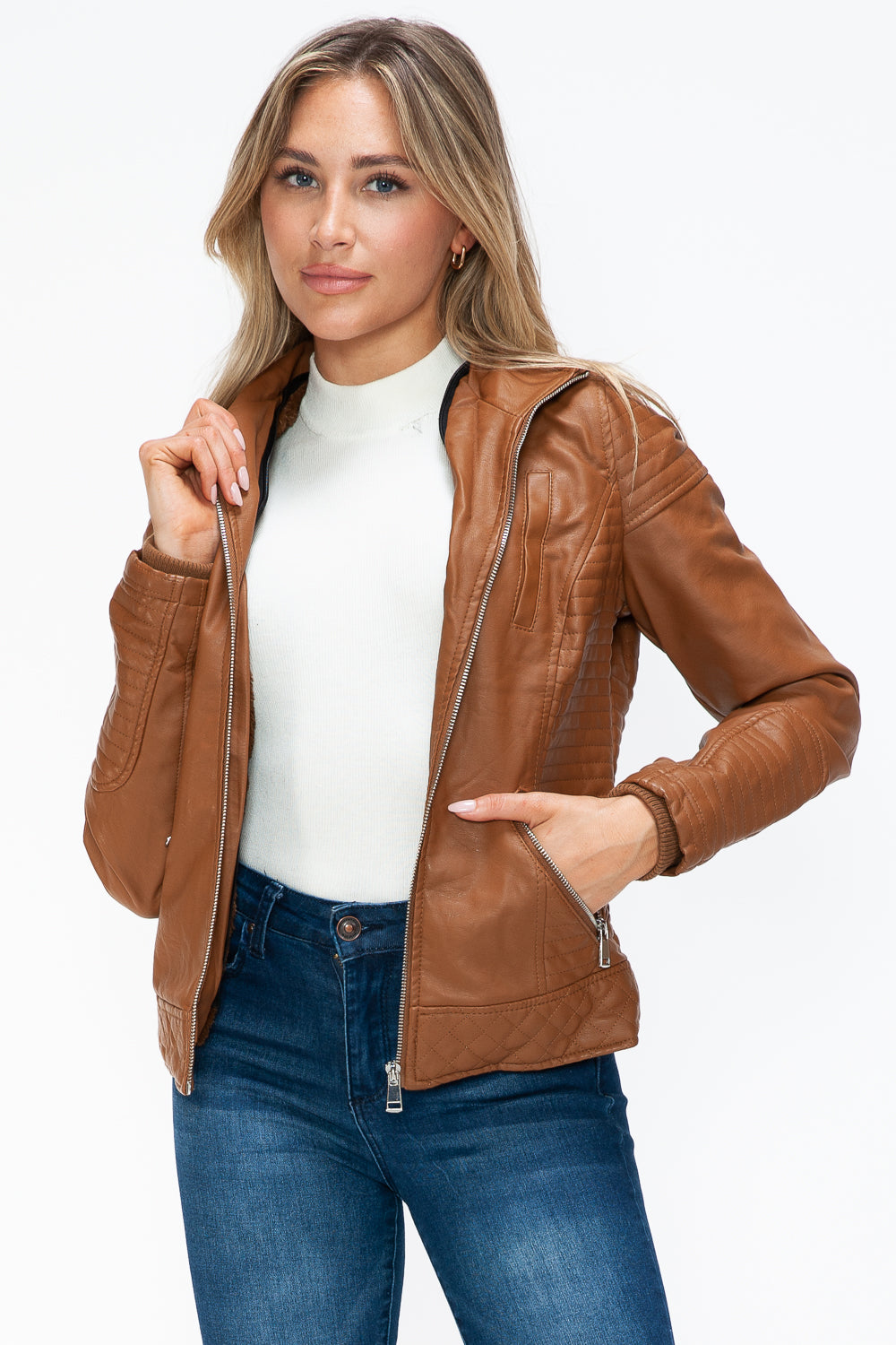 YMI Faux Layered Double-Zipper Jacket in Camel