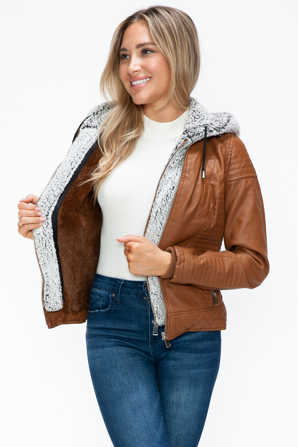 YMI Faux Layered Double-Zipper Jacket in Camel