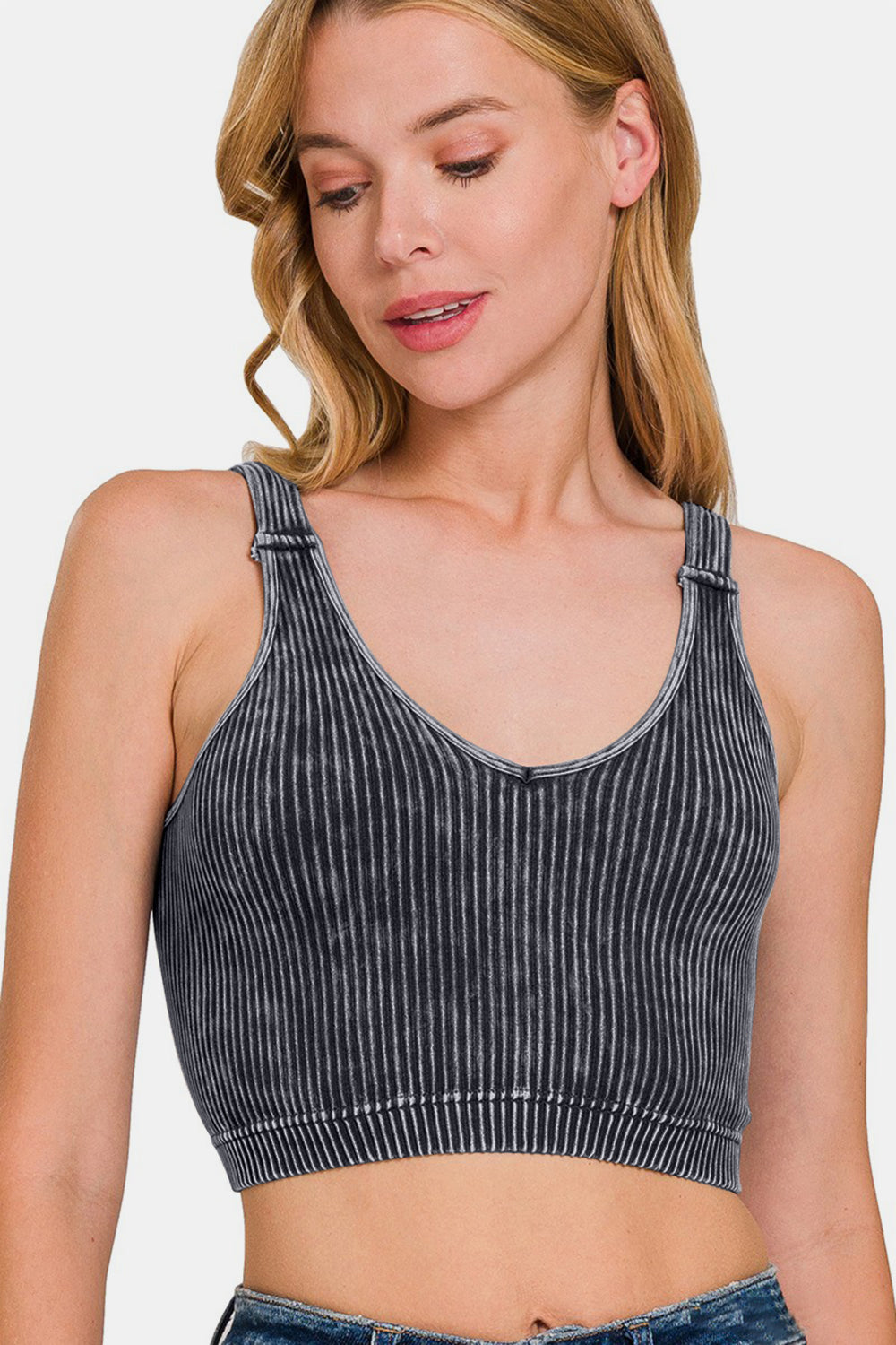 Washed Ribbed Cropped V-Neck Tank