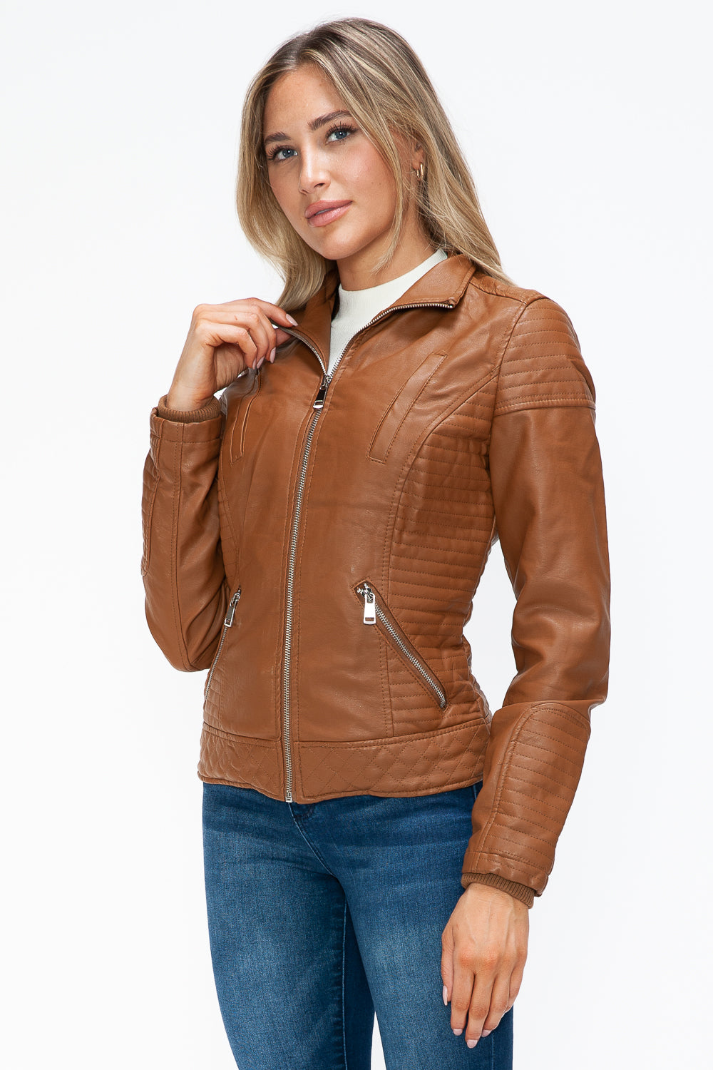 YMI Faux Layered Double-Zipper Jacket in Camel