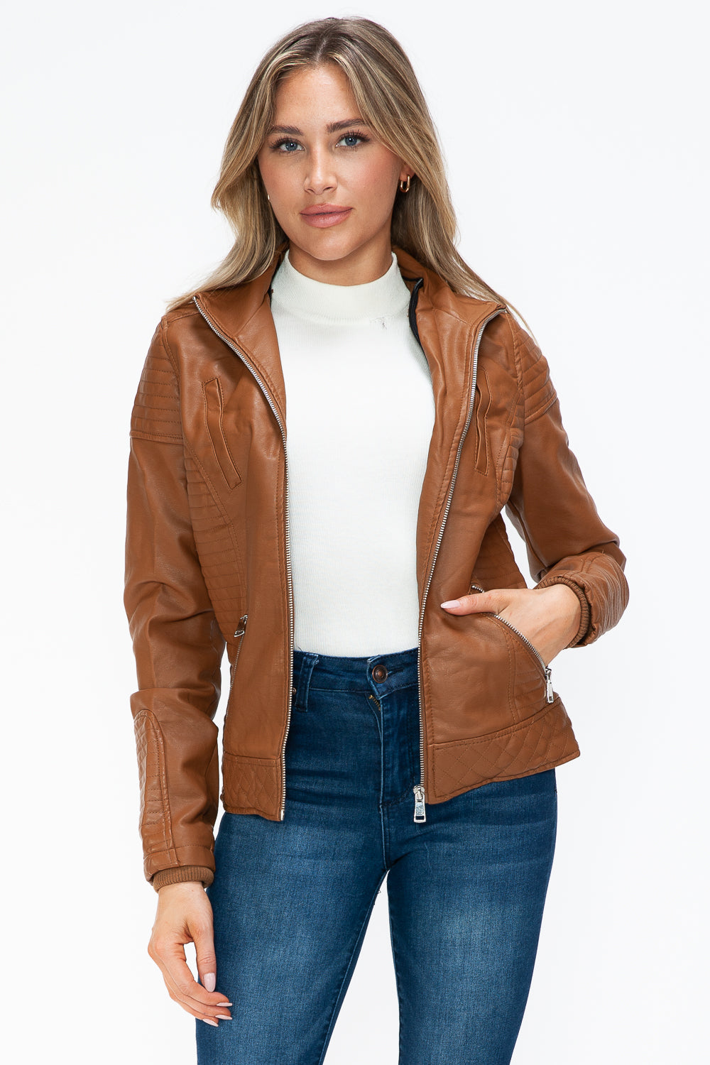 YMI Faux Layered Double-Zipper Jacket in Camel