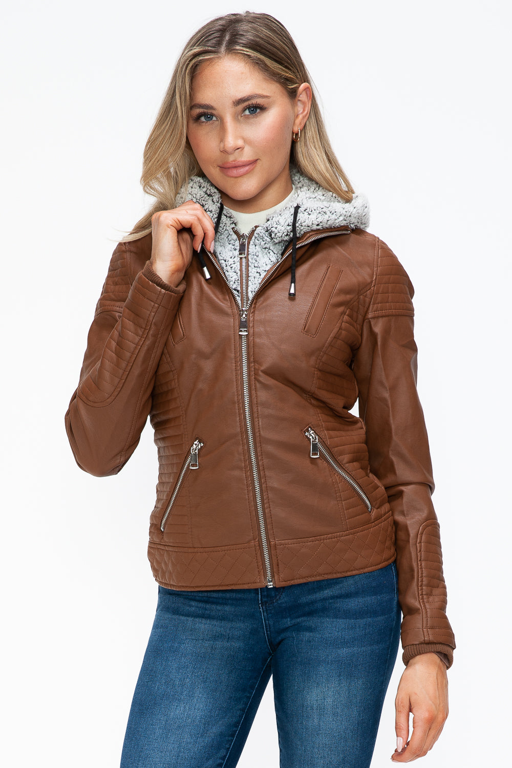 YMI Faux Layered Double-Zipper Jacket in Rust