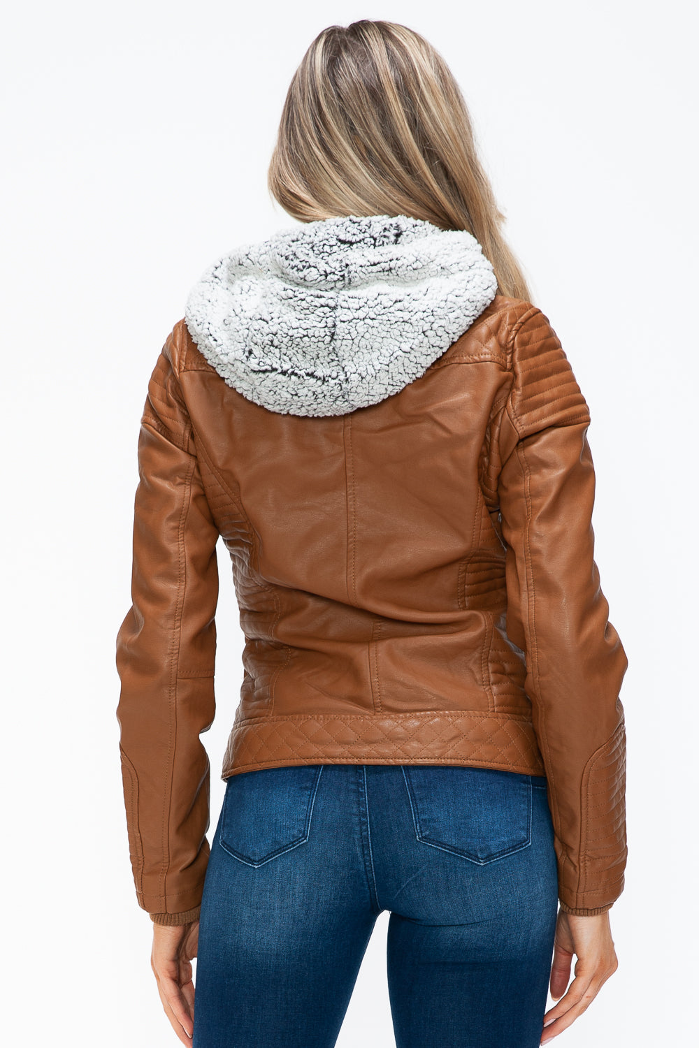 YMI Faux Layered Double-Zipper Jacket in Camel