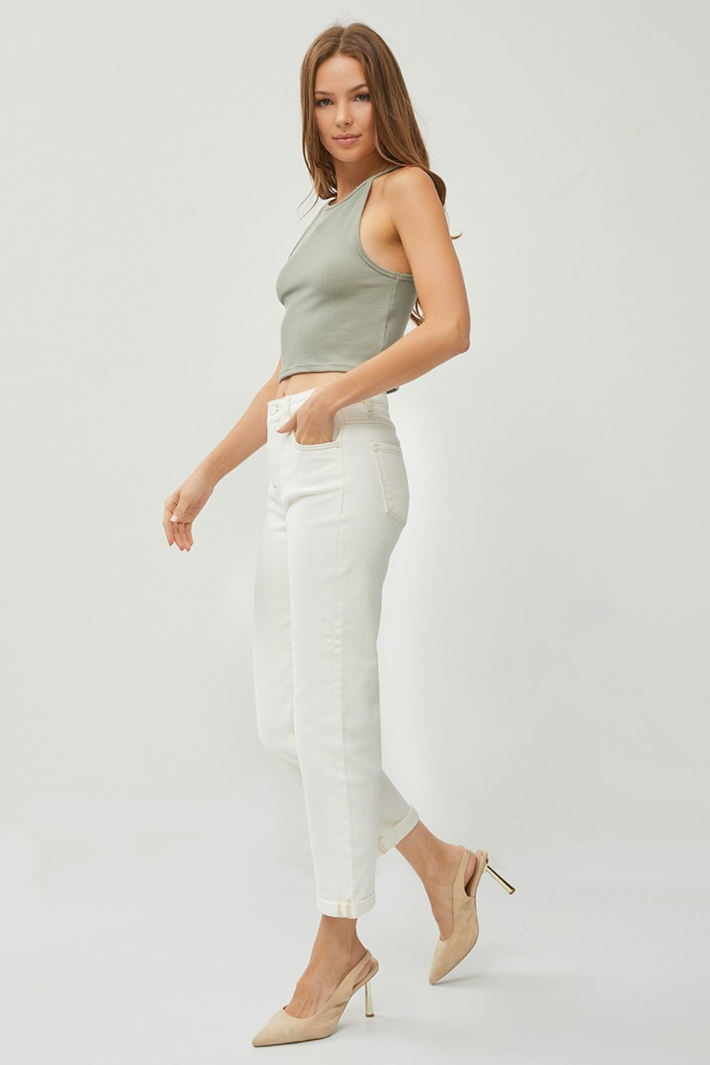 RISEN High Waist Rolled Hem Straight Jeans in Cream