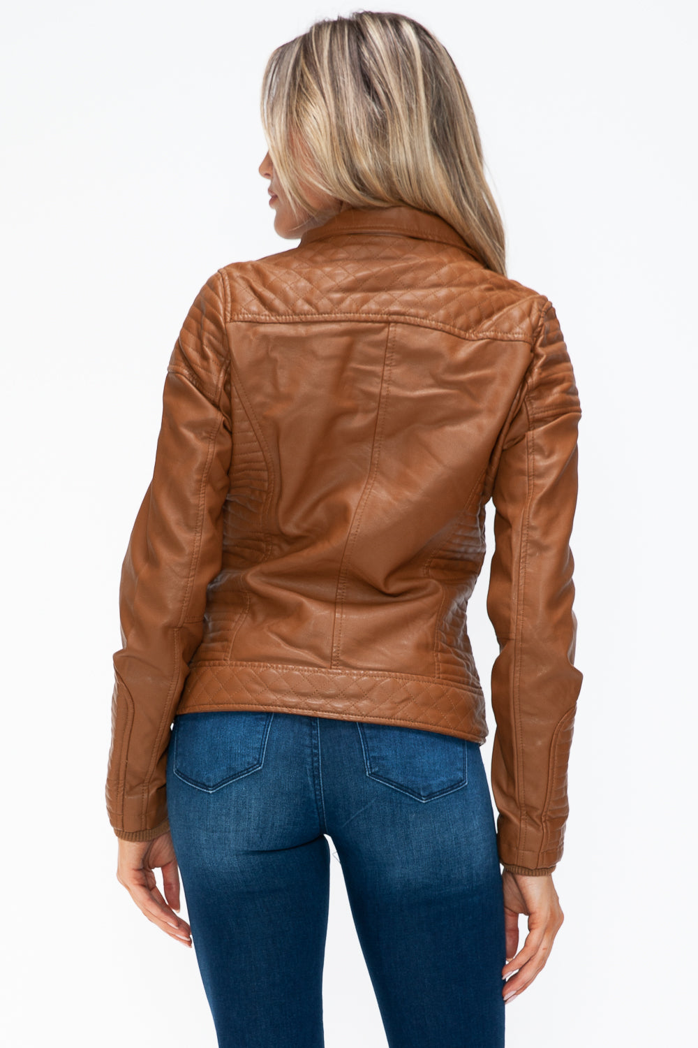 YMI Faux Layered Double-Zipper Jacket in Camel