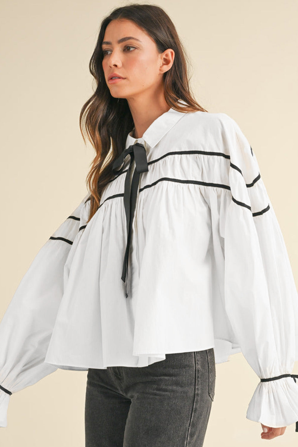 Got Ribbon Bowtie Flounce Sleeve Blouse