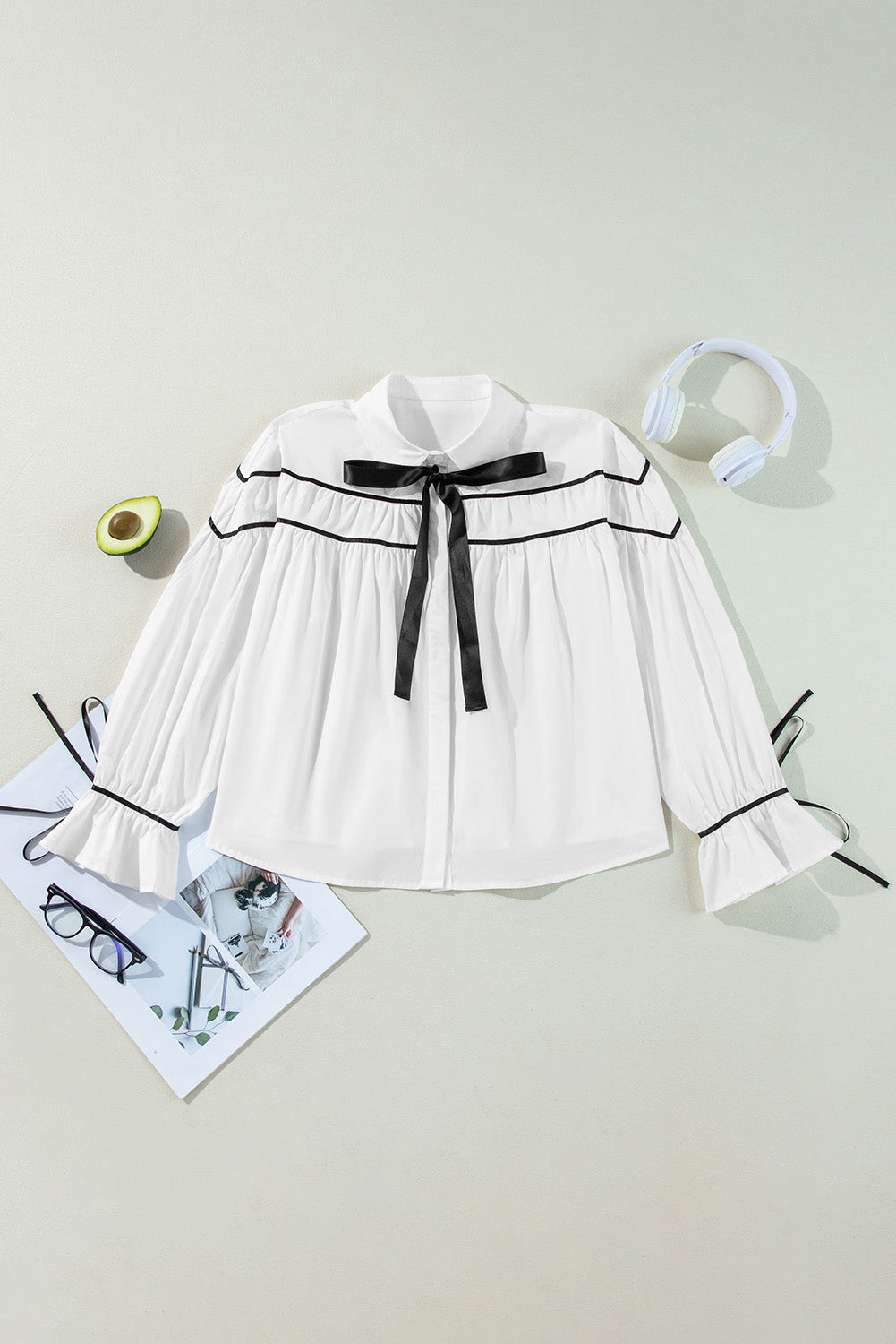 Got Ribbon Bowtie Flounce Sleeve Blouse