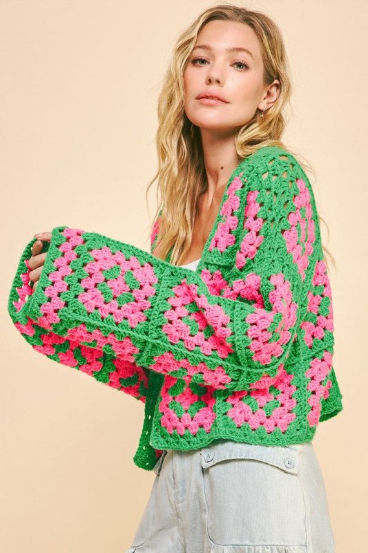 Davi & Dani Two Tone Flower Square Crochet Cardigan