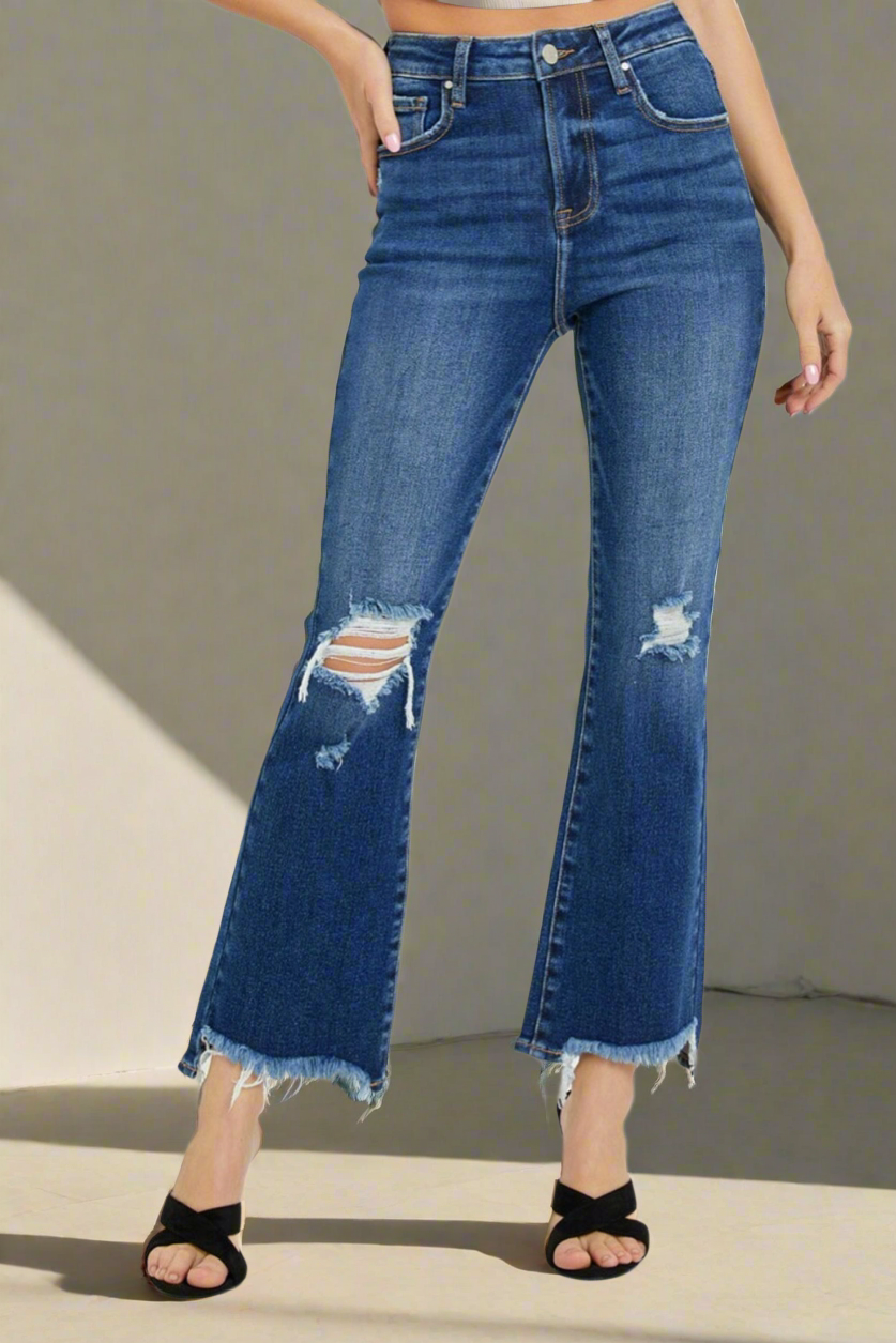 RISEN High Rise Distressed Crop Flare Jeans