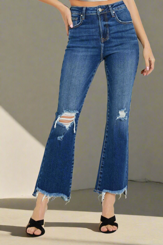 RISEN High Rise Distressed Crop Flare Jeans